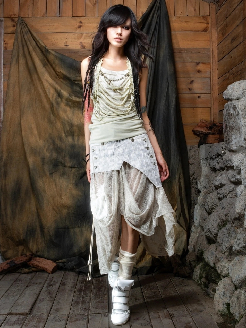 ARIADNAw Vintage Punk Distressed Mesh Patchwork Midi Skirt Skirt