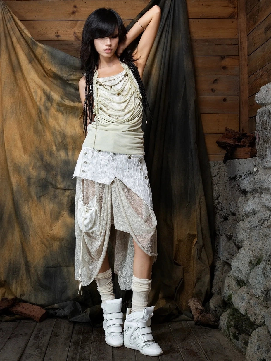 ARIADNAw Vintage Punk Distressed Mesh Patchwork Midi Skirt Skirt