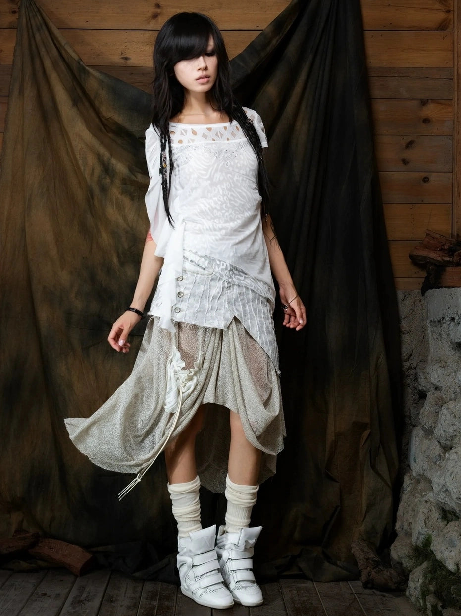 ARIADNAw Vintage Punk Distressed Mesh Patchwork Midi Skirt Skirt