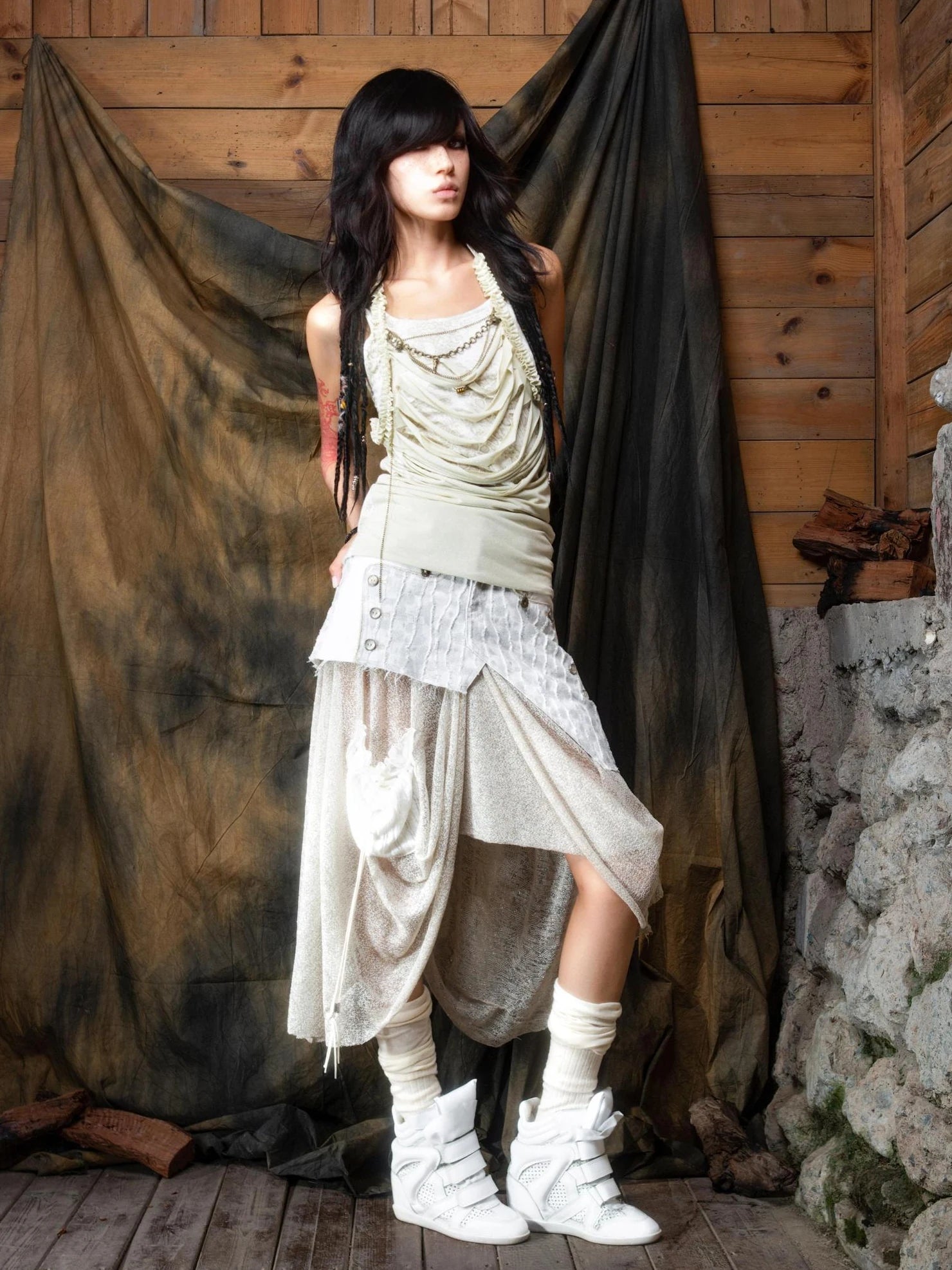 ARIADNAw Vintage Punk Distressed Mesh Patchwork Midi Skirt Skirt