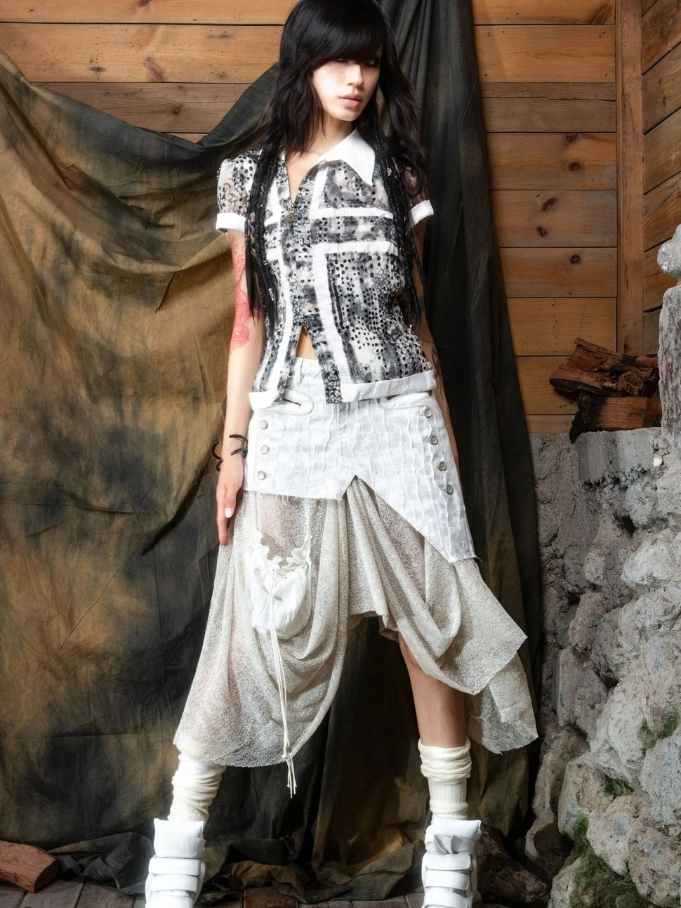 ARIADNAw Vintage Punk Distressed Mesh Patchwork Midi Skirt Skirt