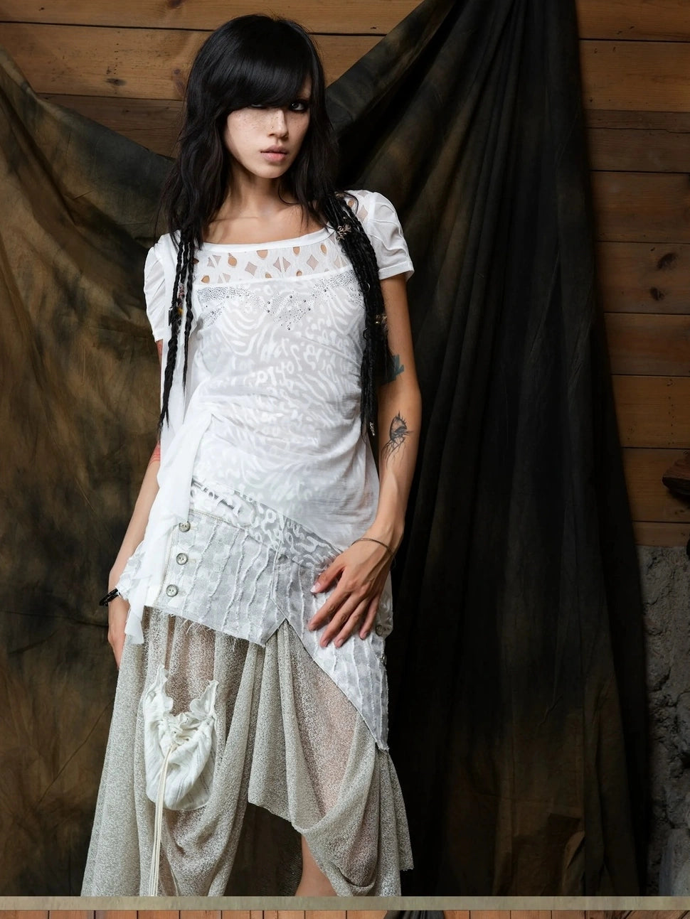 ARIADNAw Vintage Punk Distressed Mesh Patchwork Midi Skirt Skirt