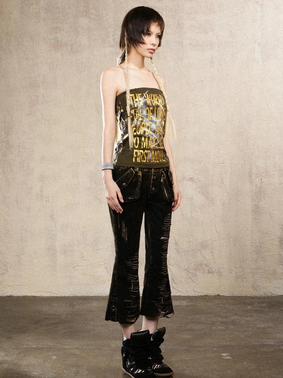 ARIADNAw Vintage Punk Low Rise Distressed Denim Capris Jeans