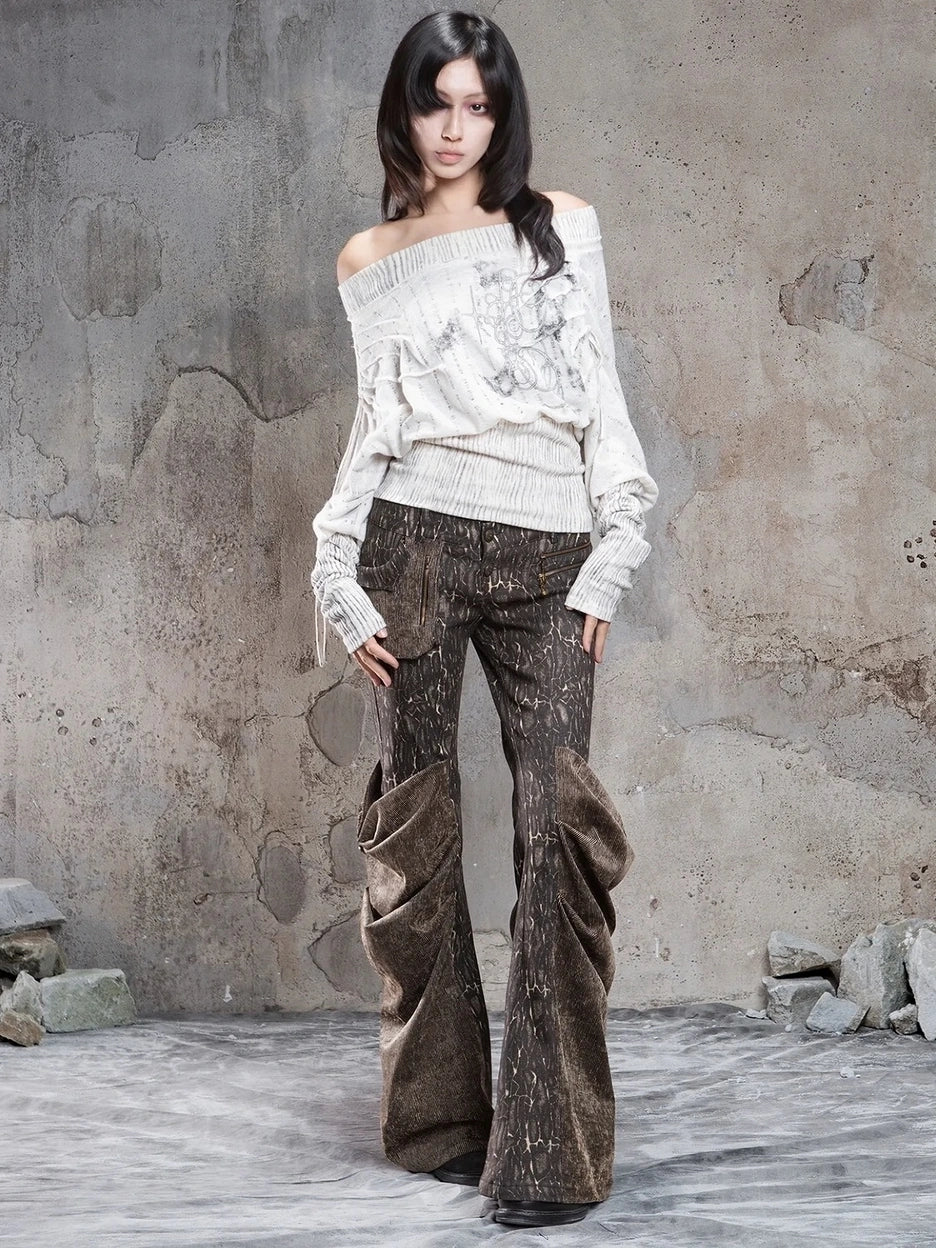 ARIADNAw Vintage Punk Print Off Shoulder Knit Top Cardigan