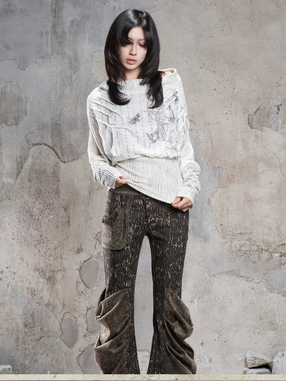 ARIADNAw Vintage Punk Print Off Shoulder Knit Top Cardigan