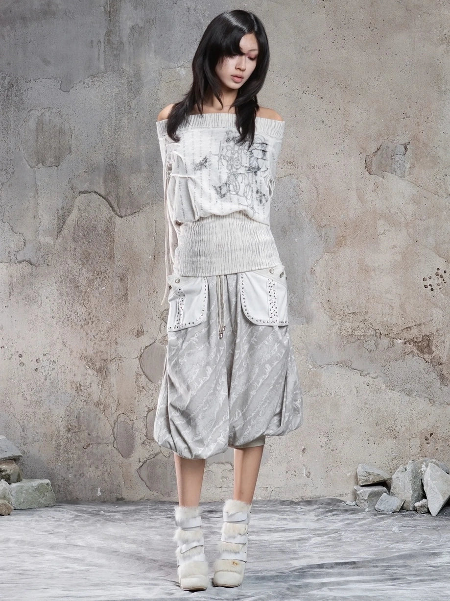 ARIADNAw Vintage Punk Print Off Shoulder Knit Top Cardigan