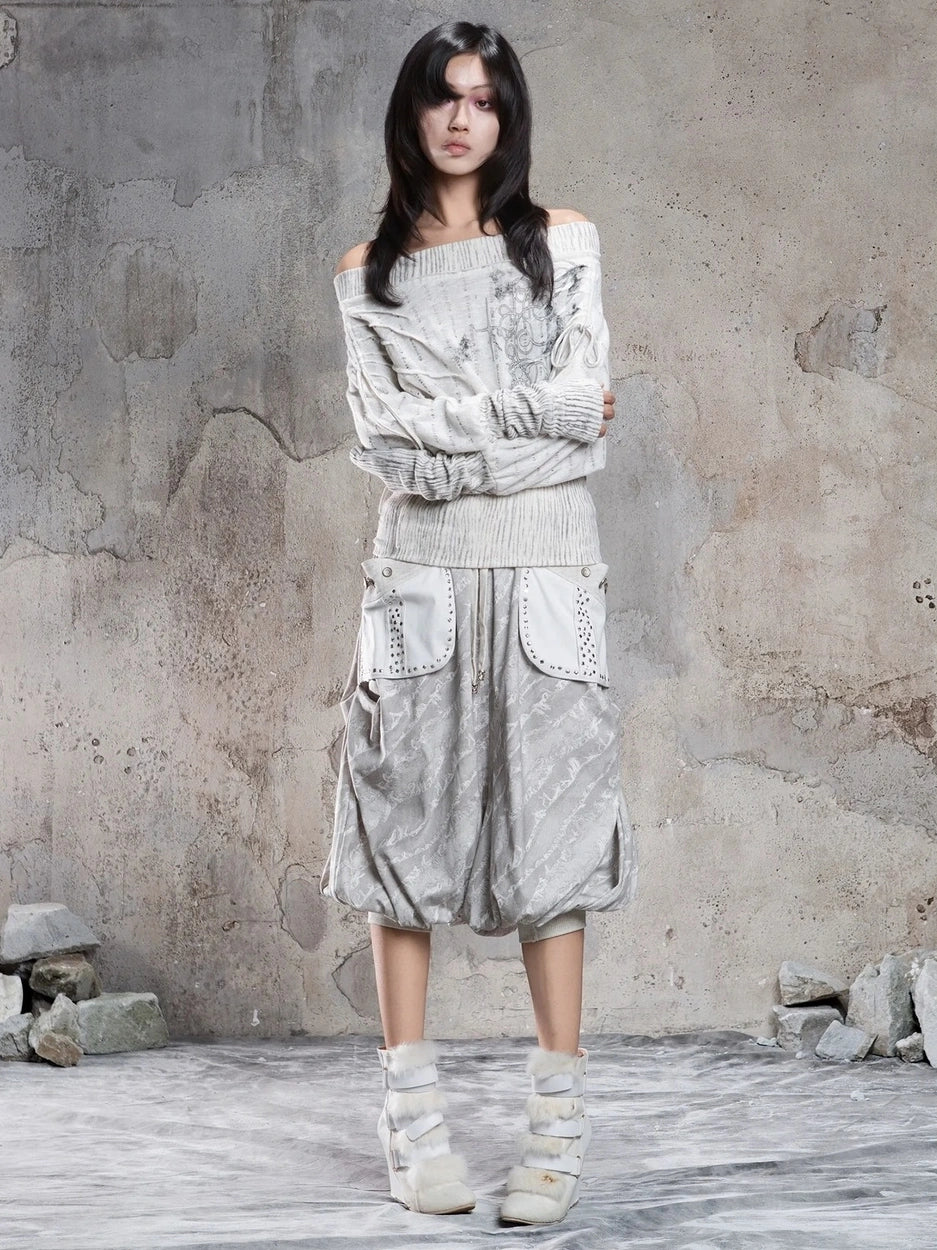 ARIADNAw Vintage Punk Print Off Shoulder Knit Top Cardigan