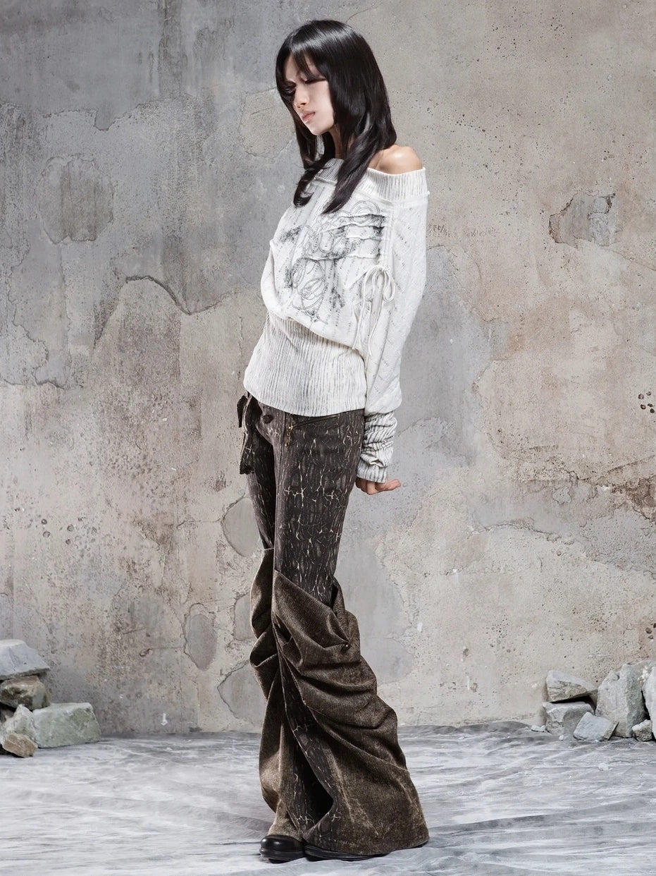 ARIADNAw Vintage Punk Print Off Shoulder Knit Top Cardigan