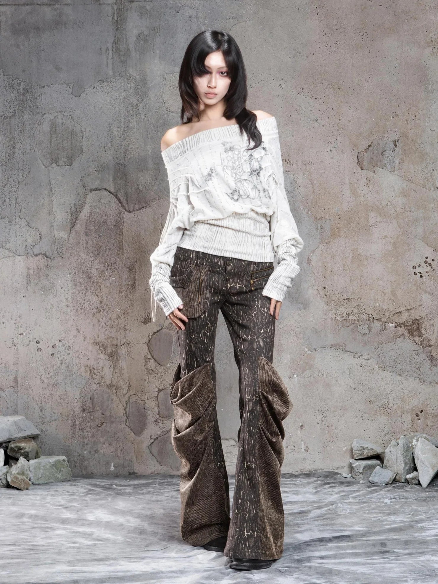 ARIADNAw Vintage Punk Print Off Shoulder Knit Top Cardigan