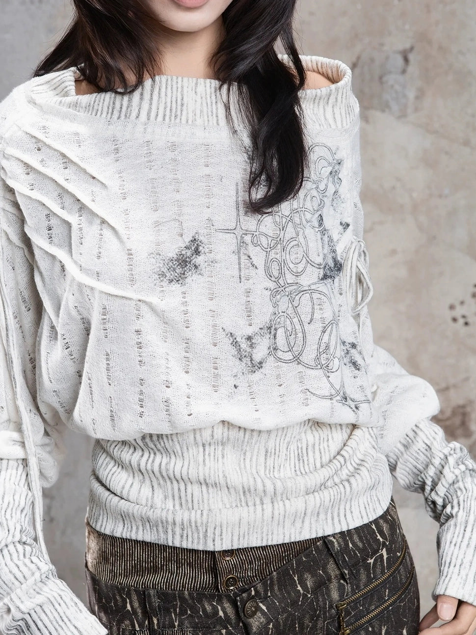 ARIADNAw Vintage Punk Print Off Shoulder Knit Top Cardigan