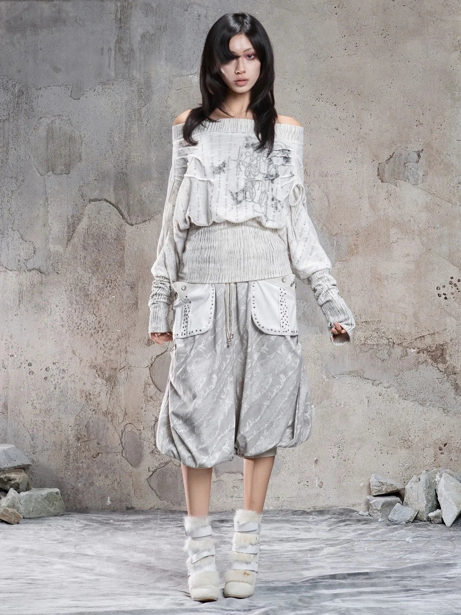 ARIADNAw Vintage Punk Print Off Shoulder Knit Top Cardigan