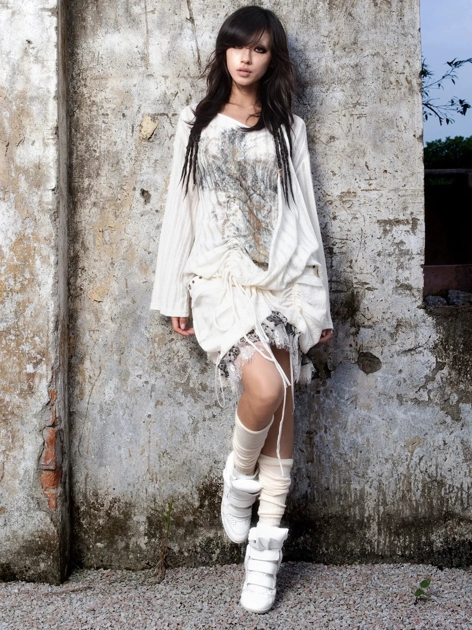 ARIADNAw Vintage Punk V-neck Lace Up Asymmetric Print Knit Top Cardigan