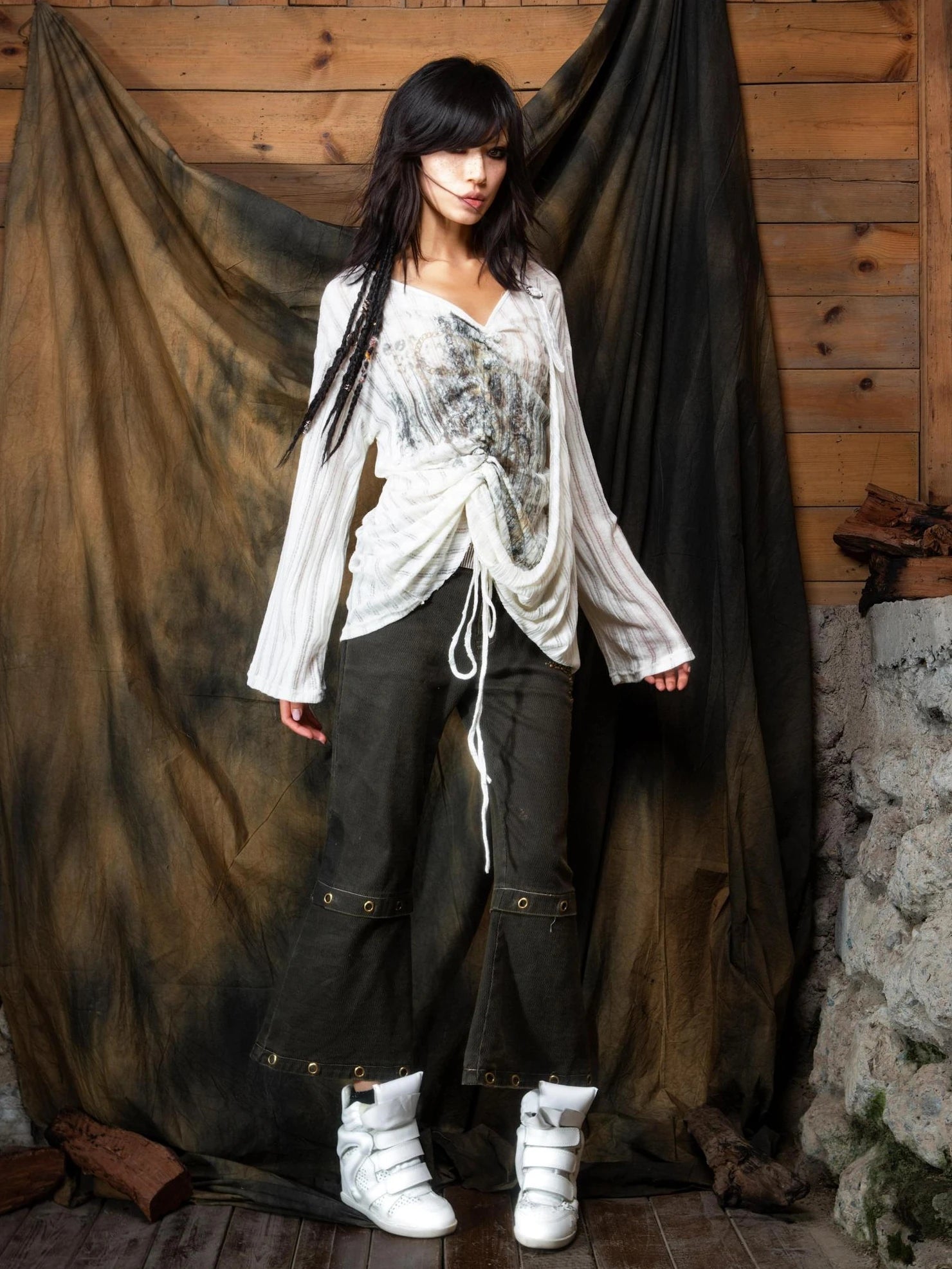 ARIADNAw Vintage Punk V-neck Lace Up Asymmetric Print Knit Top Cardigan