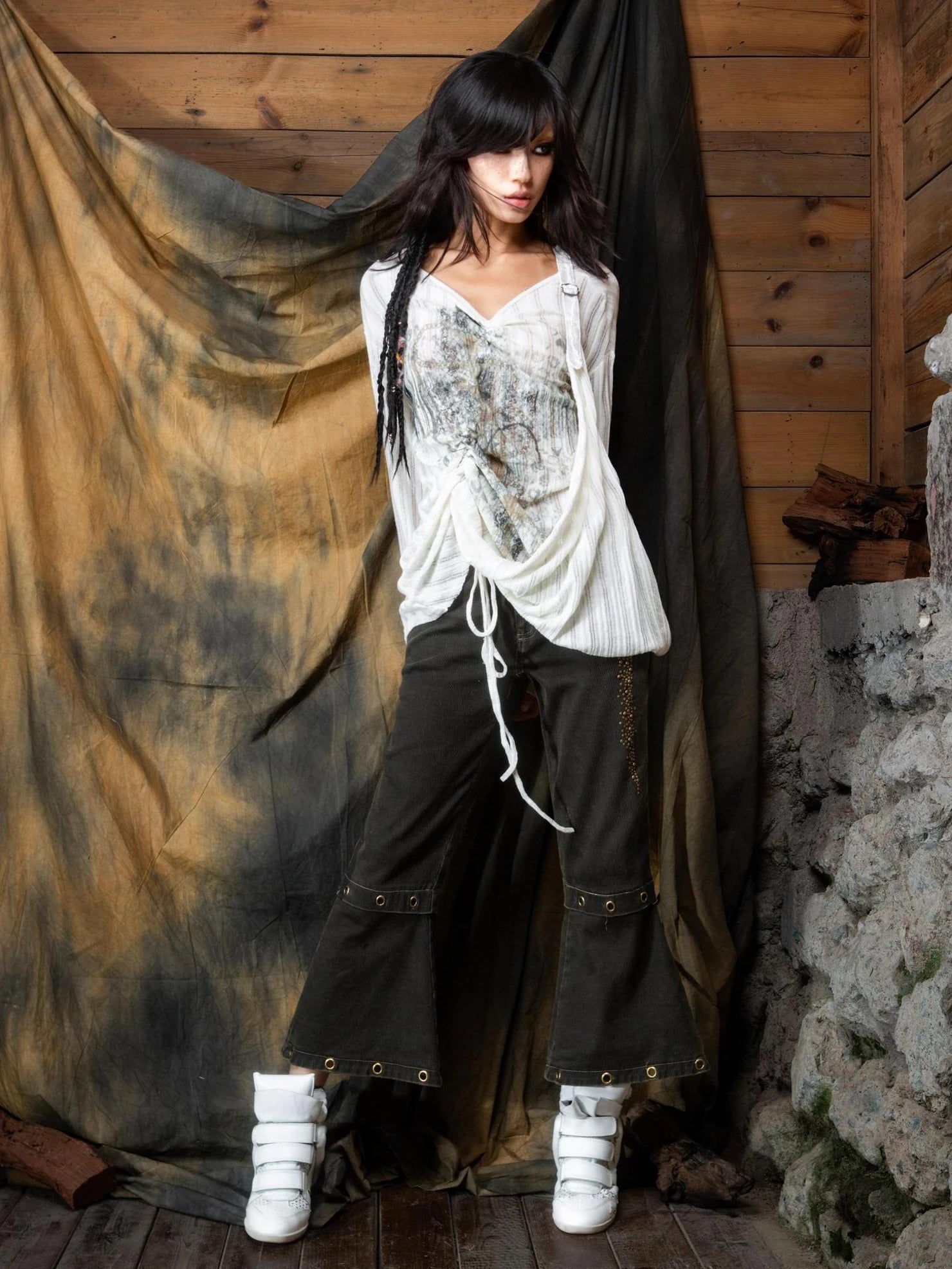 ARIADNAw Vintage Punk V-neck Lace Up Asymmetric Print Knit Top Cardigan