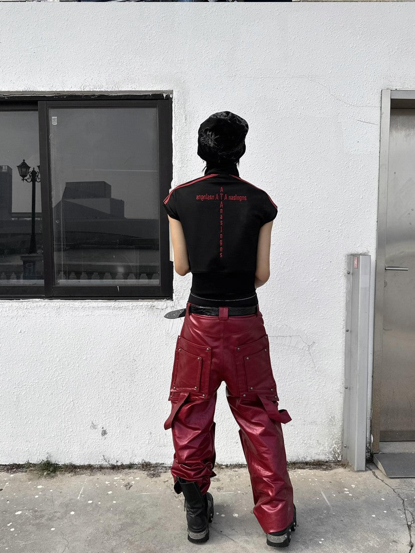 ATAnothingness Black Red Colorblock Cross Embroidered Stand Collar Women&