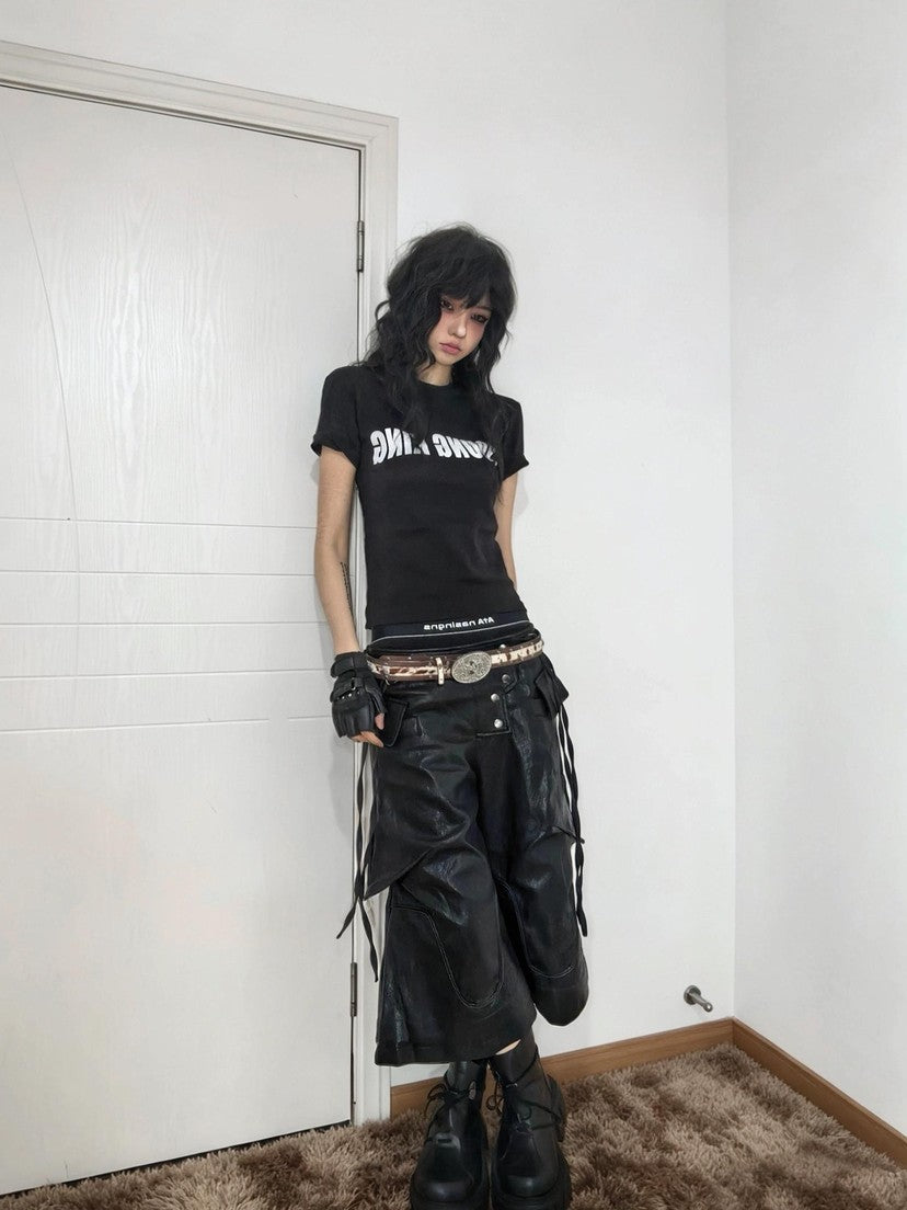 ATAnothingness Knight Black Deconstructed Textured Wax Cropped Loose Women&