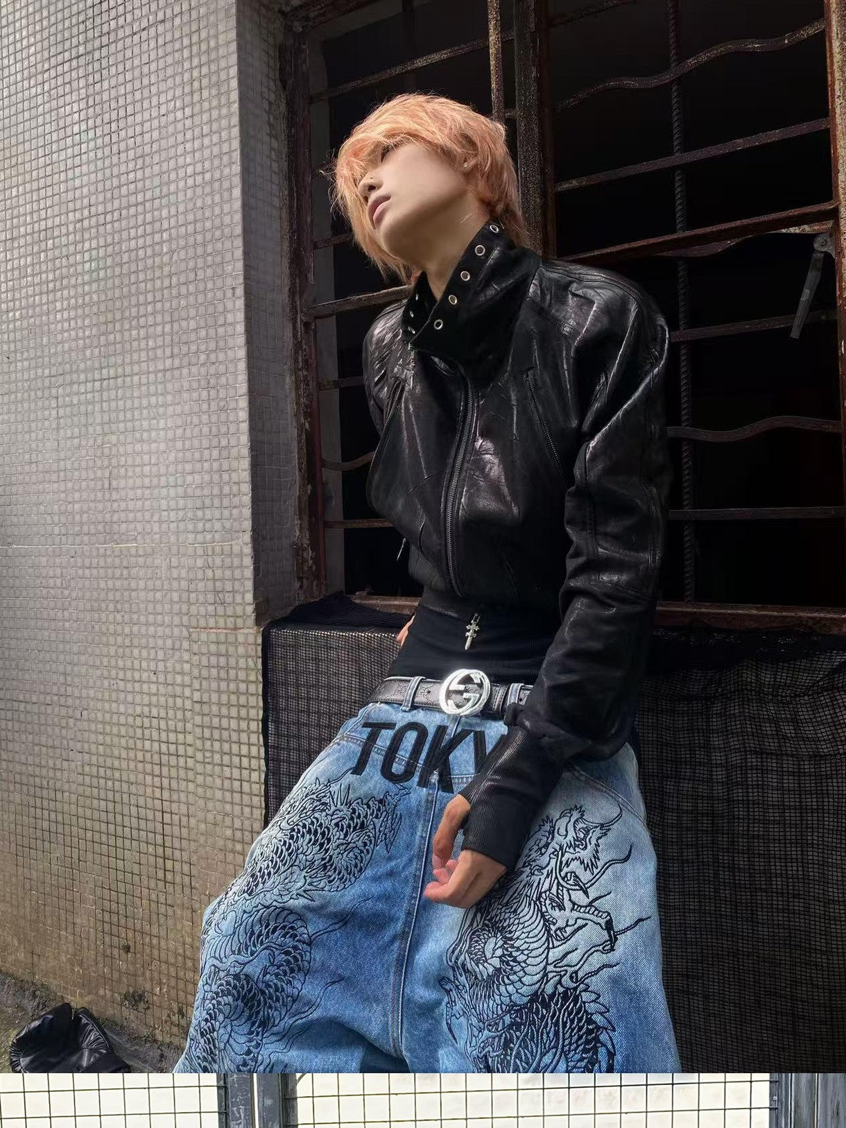 ATAnothingness Waxed Foil Stamped Stand Collar Raglan Leather Zipper Women&