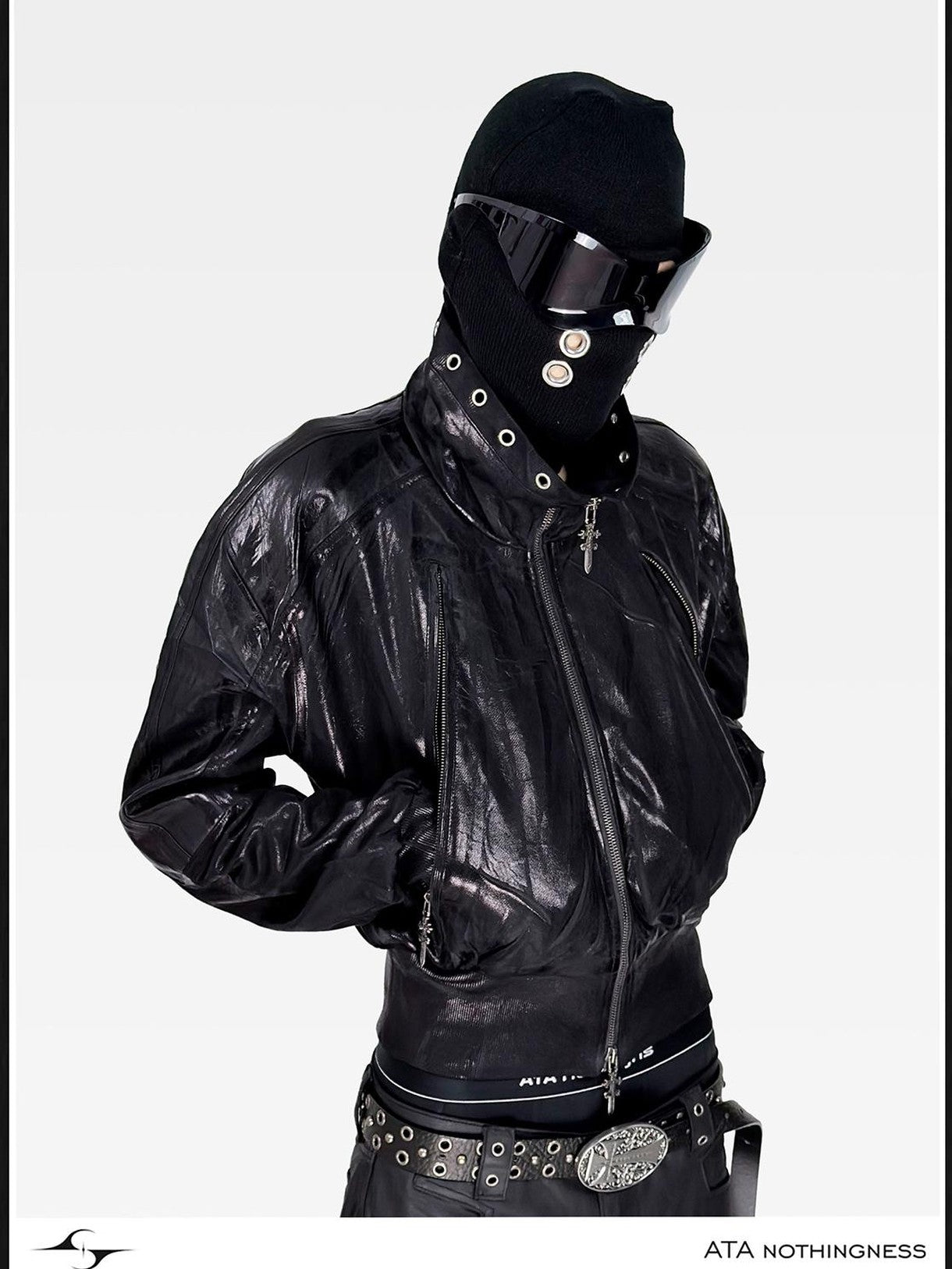 ATAnothingness Waxed Foil Stamped Stand Collar Raglan Leather Zipper Women&