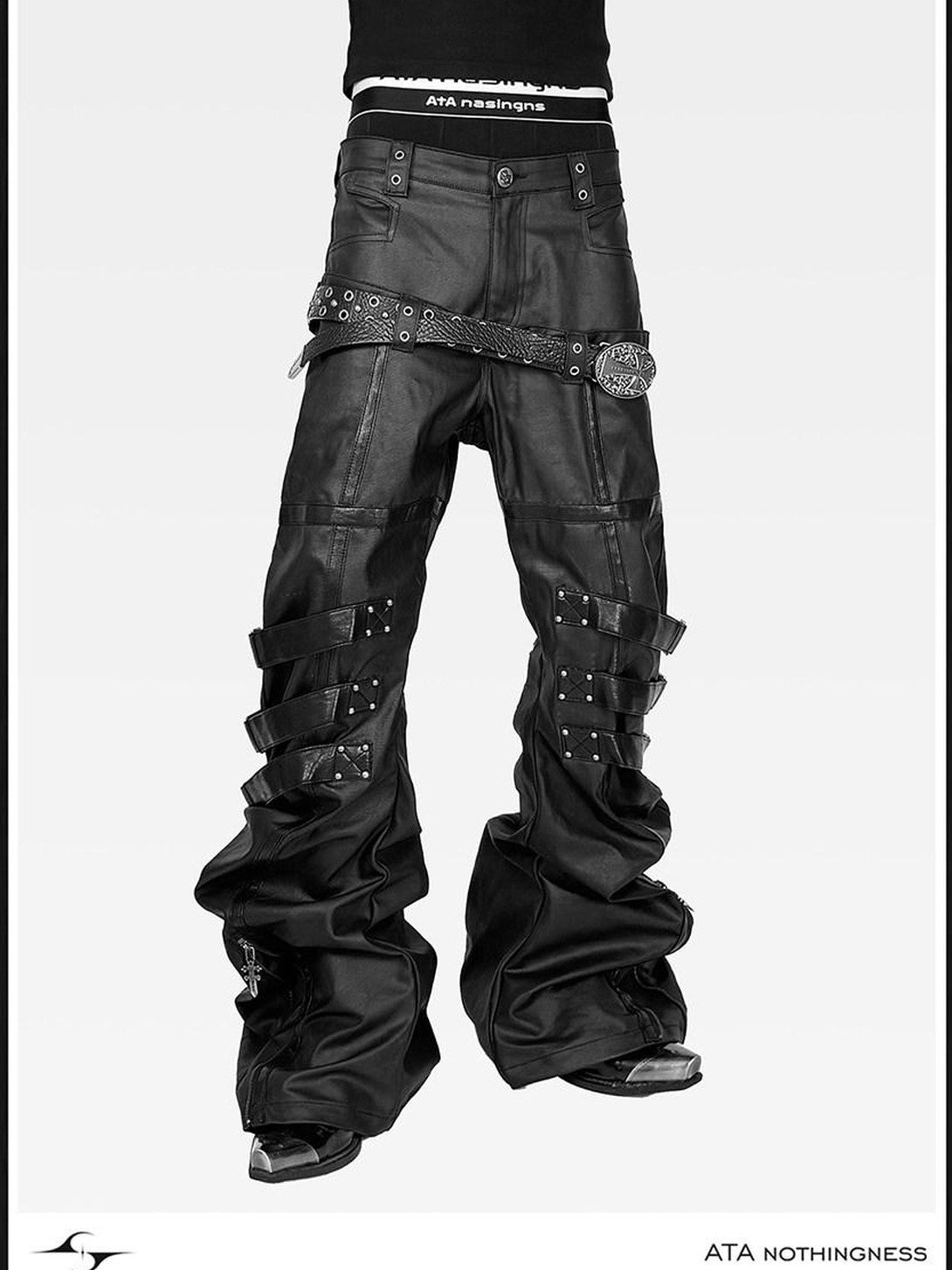 ATAnothingness Waxed Leather Trim Double Waist Stacked Straps Slim Women&