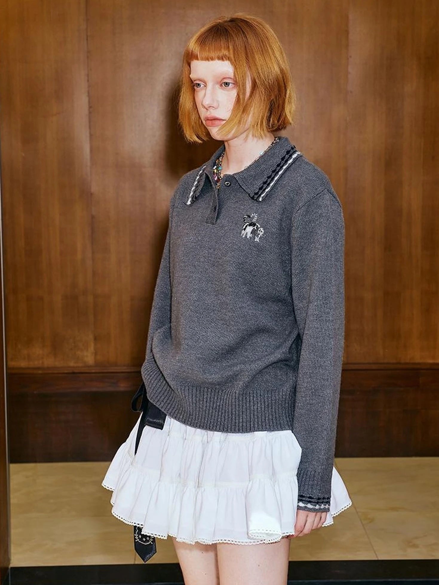 Academy Style Polo Knit With Embroidered Kitty And Heart