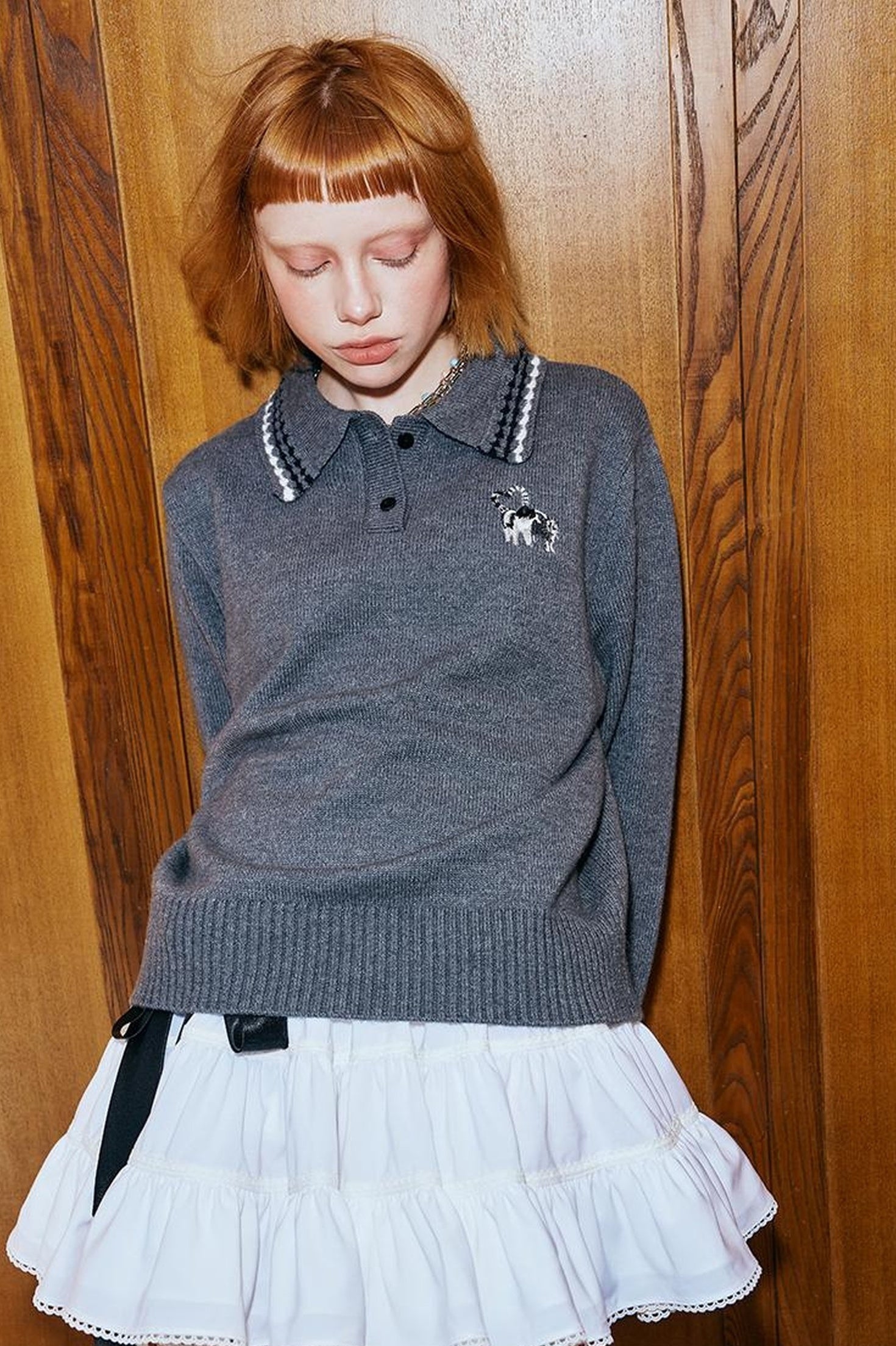 DIDDI MODA Academy Style Polo Knit With Embroidered Kitty And Heart