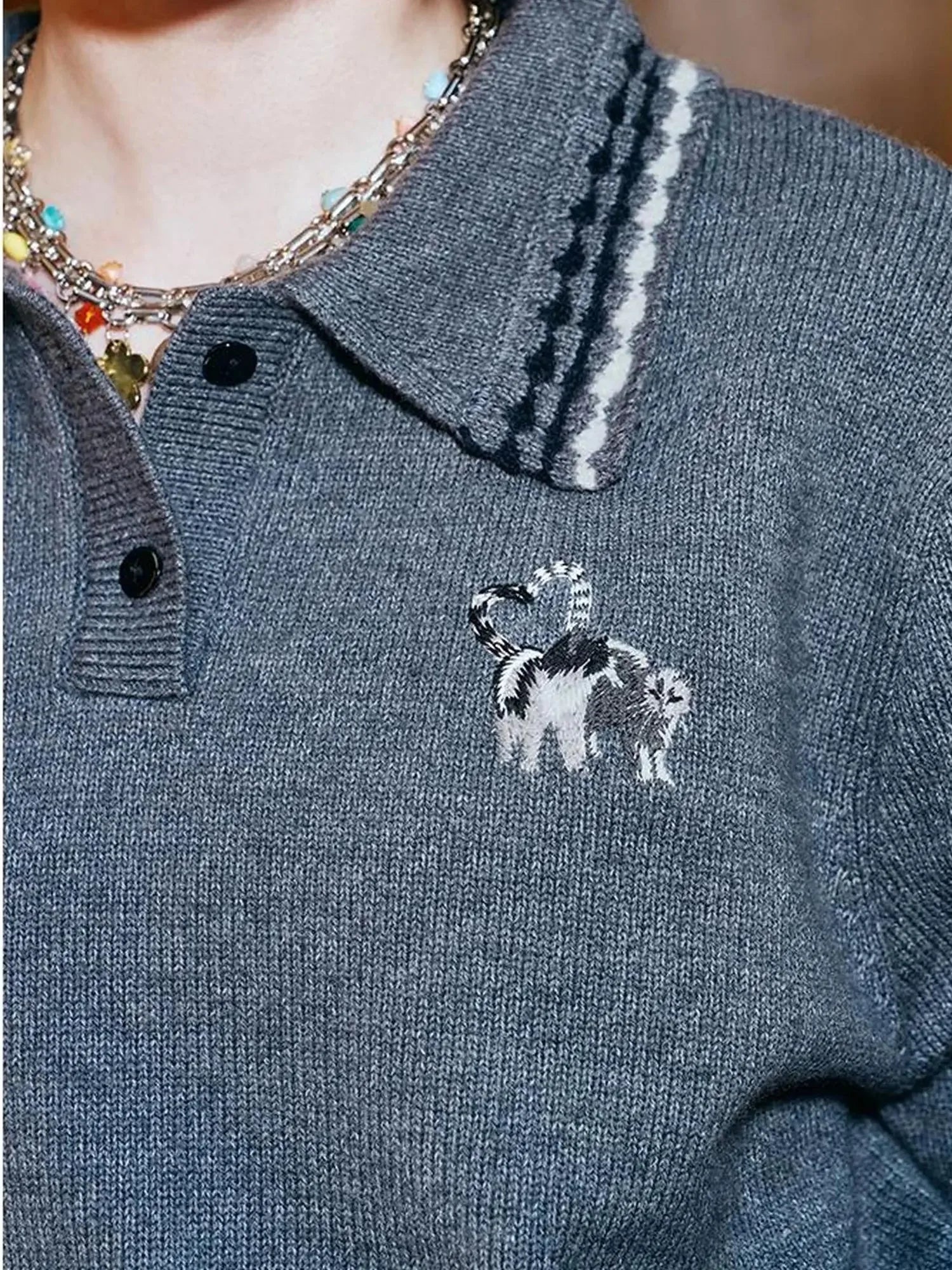 Academy Style Polo Knit With Embroidered Kitty And Heart