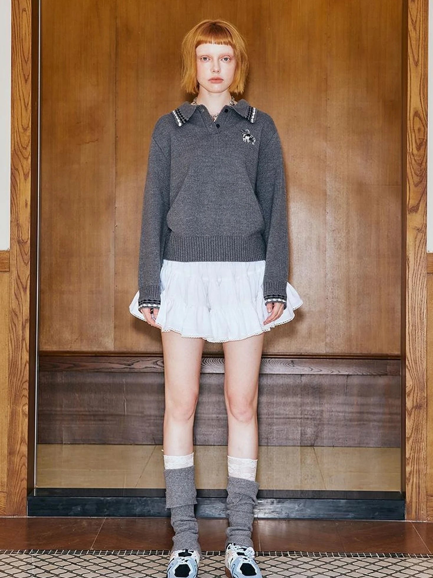 Academy Style Polo Knit With Embroidered Kitty And Heart