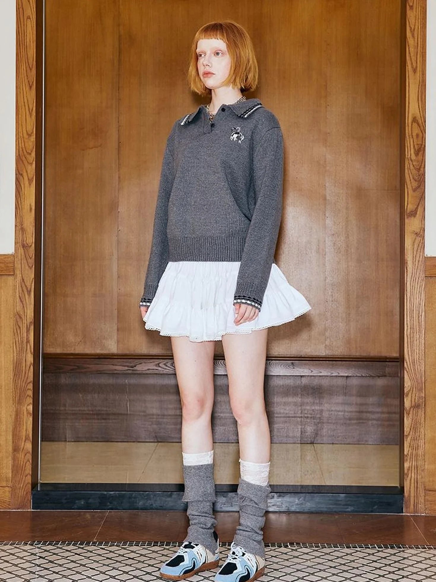 Academy Style Polo Knit With Embroidered Kitty And Heart