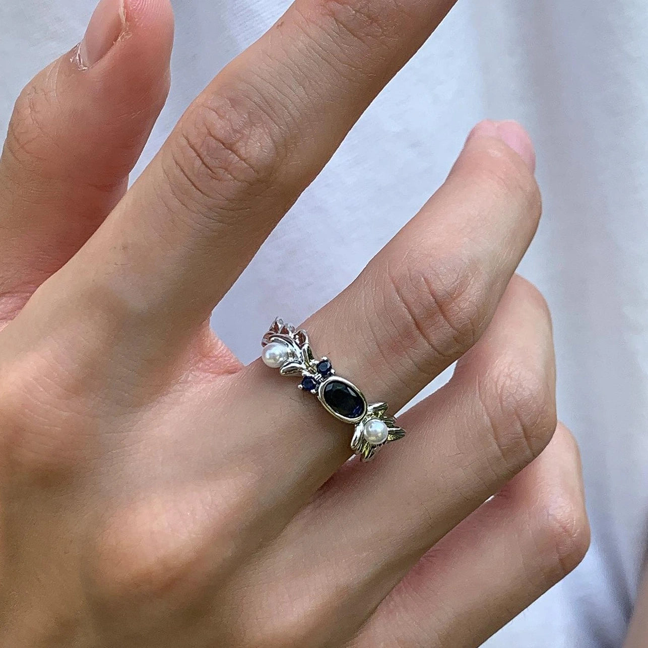 Accessories Adjustable Blue Zircon Pearl Ring