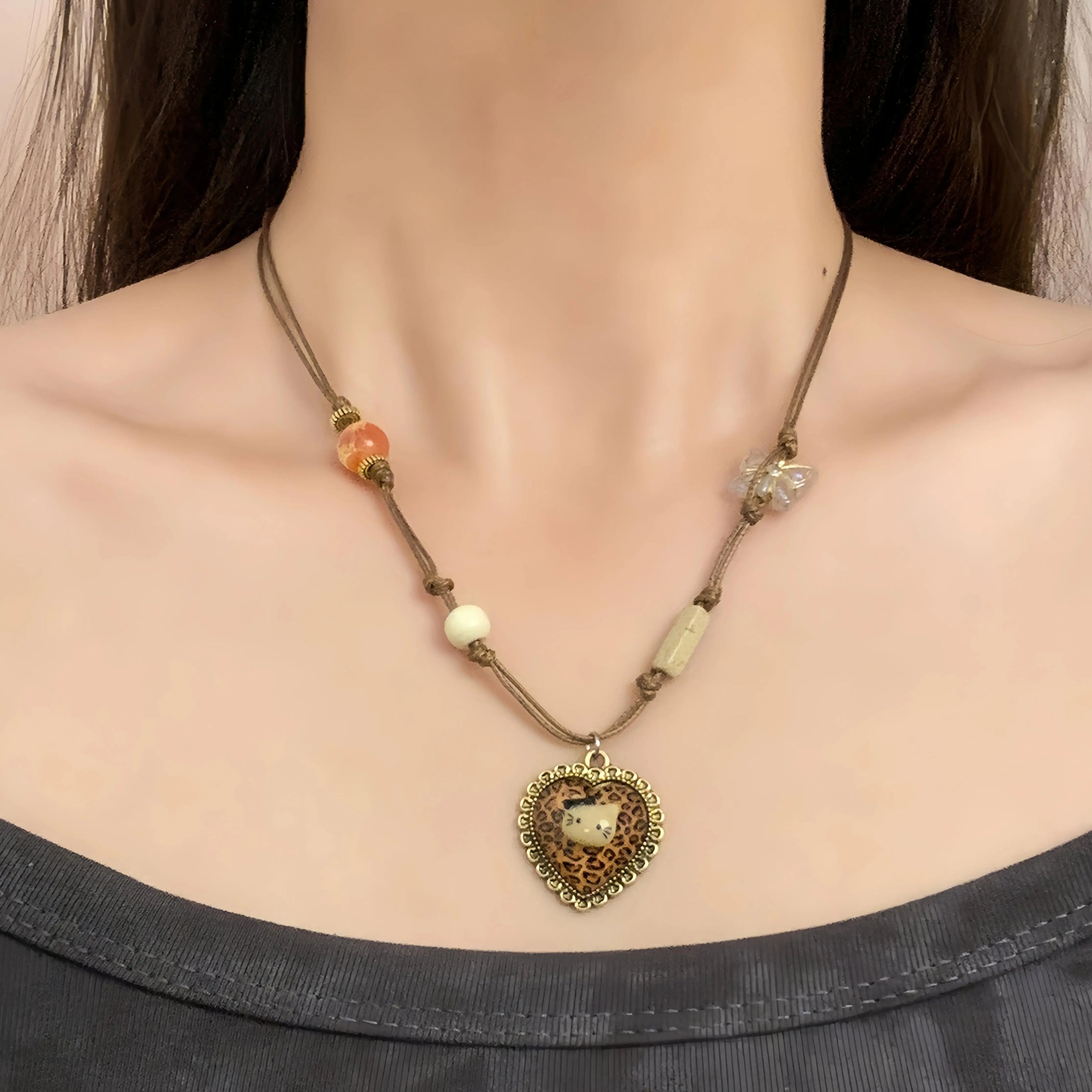 Accessories Adjustable Brown Leopard Kt Cat Pendant Necklace