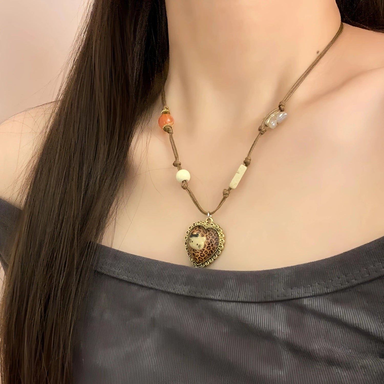 Accessories Adjustable Brown Leopard Kt Cat Pendant Necklace