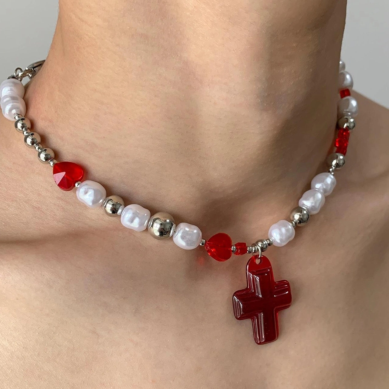 Accessories Adjustable Crystal Cross Pearl Choker Necklace