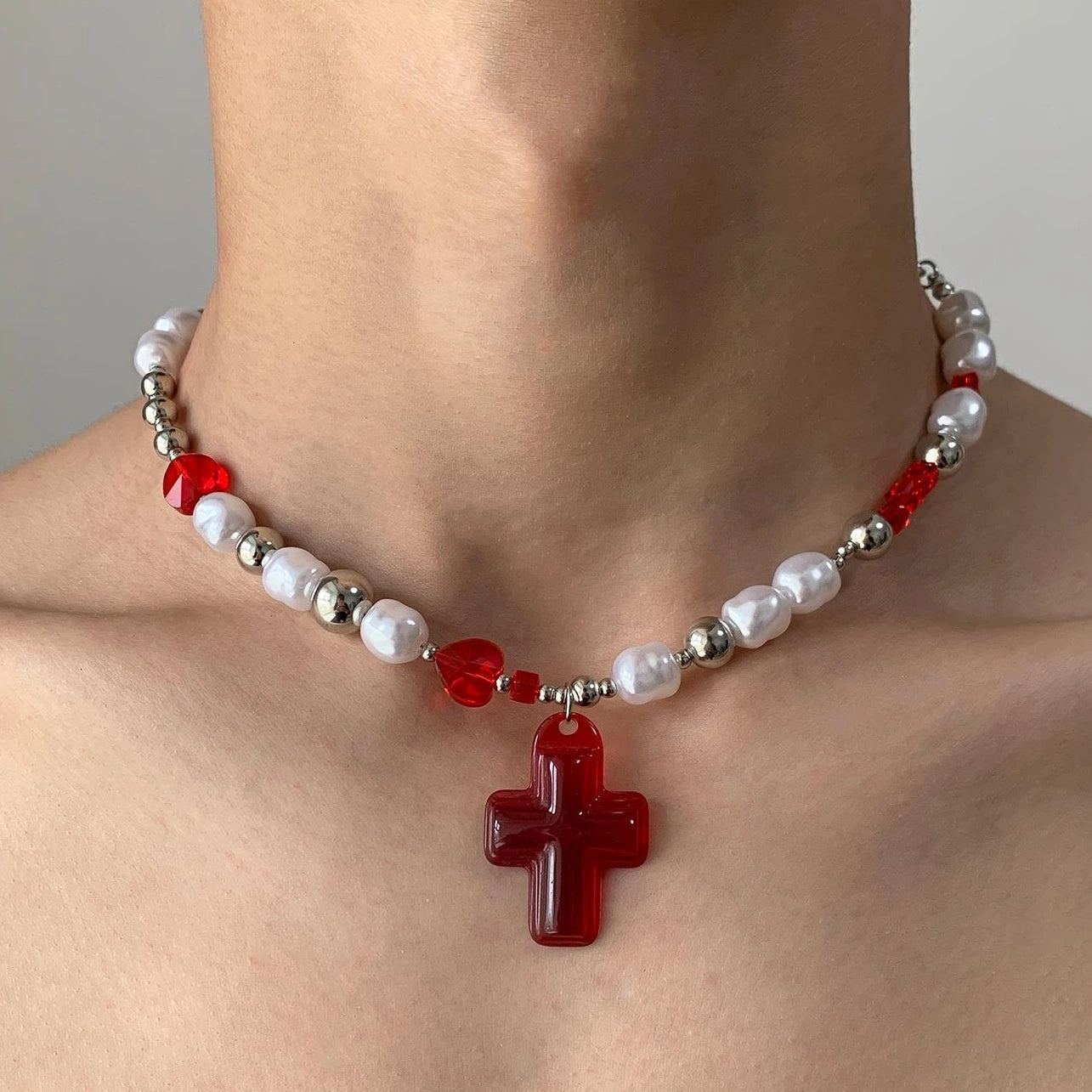 Accessories Adjustable Crystal Cross Pearl Choker Necklace
