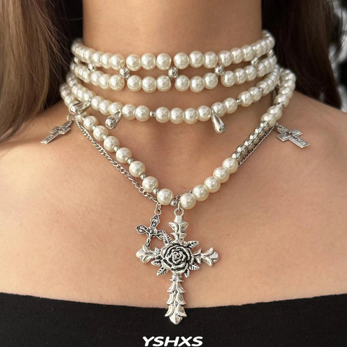 Accessories Adjustable Layered Pearl Cross Choker Necklace