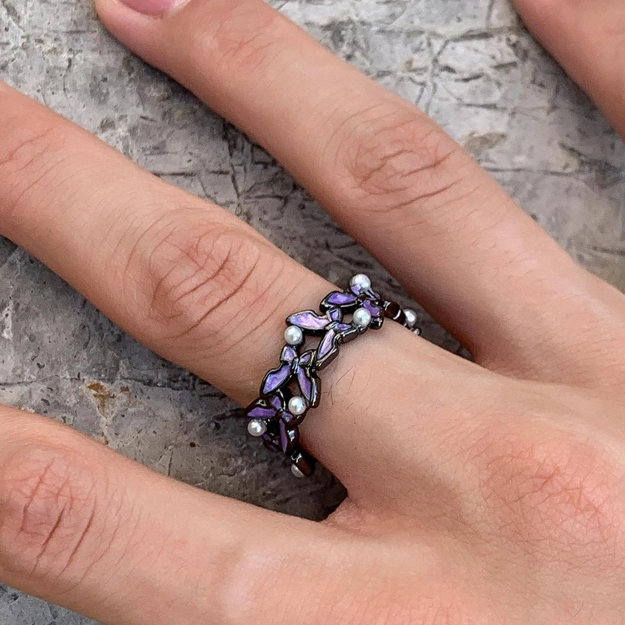 Accessories Adjustable Purple Butterfly Pearl Ring