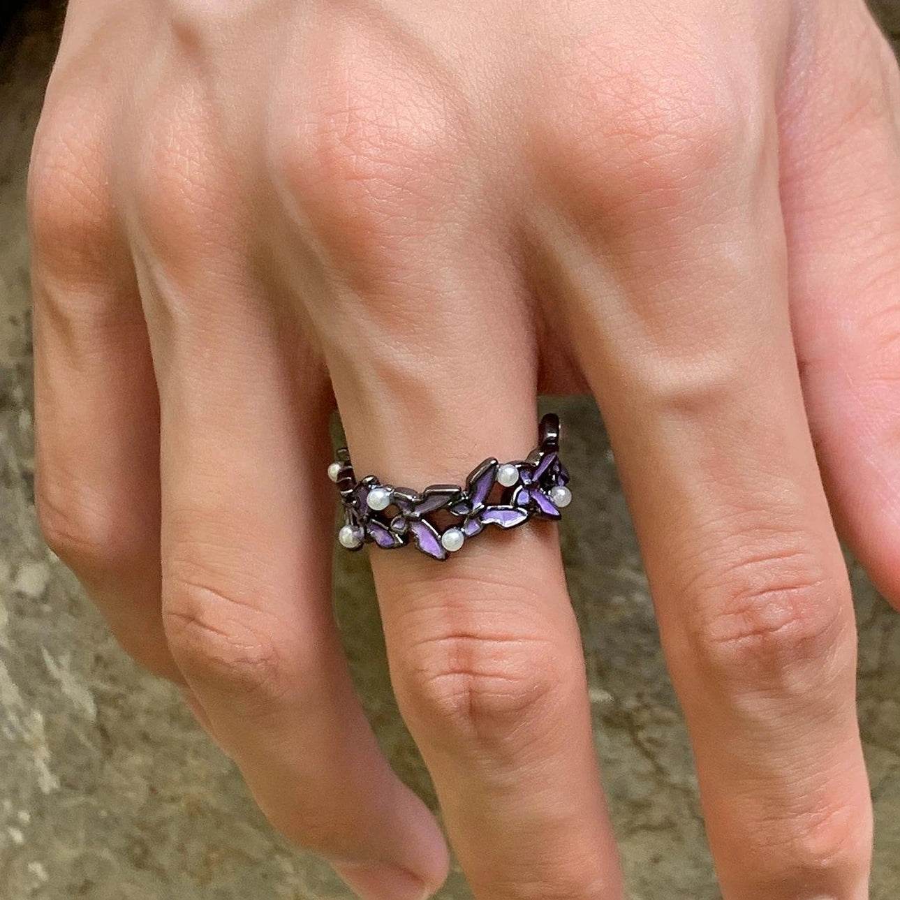 Accessories Adjustable Purple Butterfly Pearl Ring