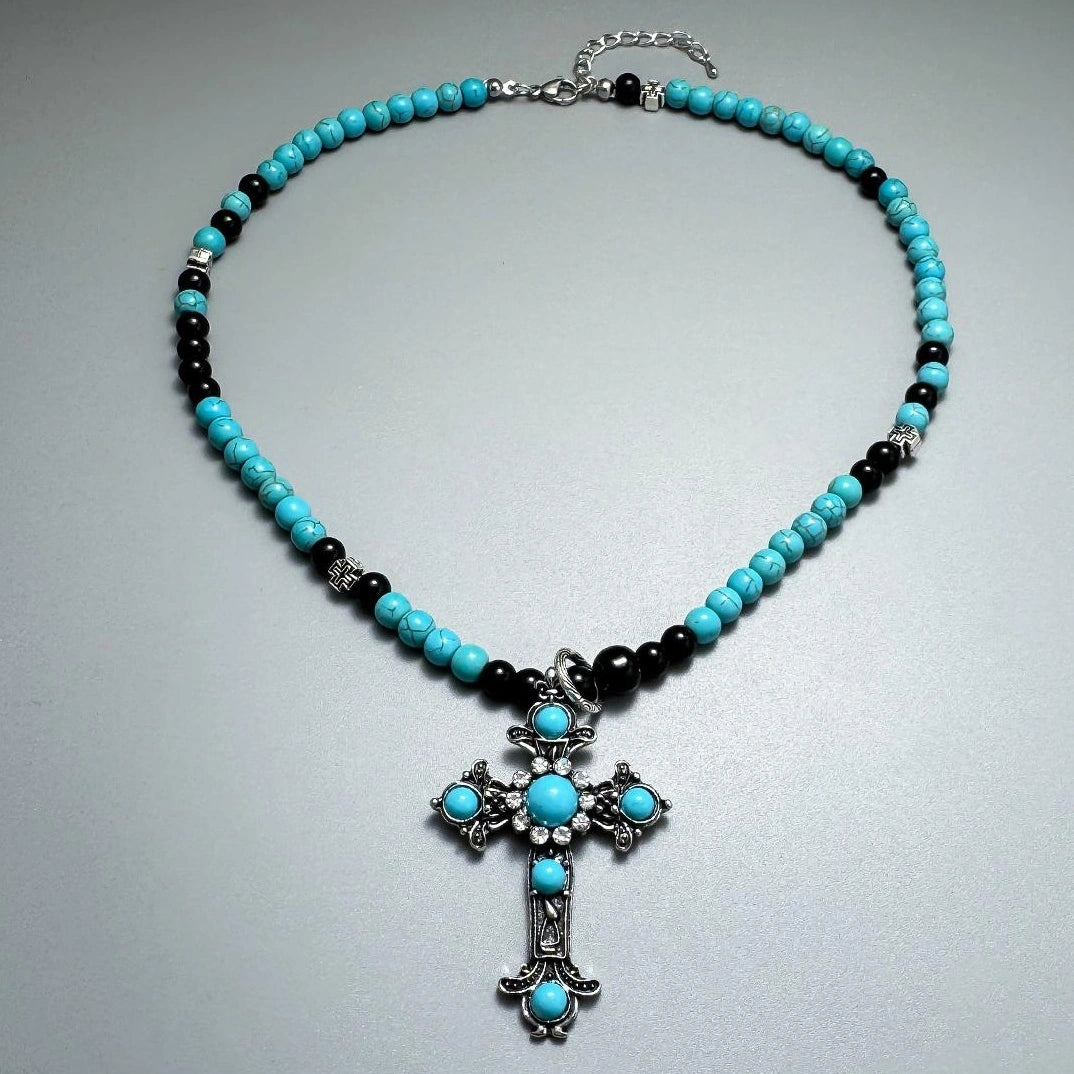 Accessories Antique Cross Green Stone Geometric Beaded Necklace