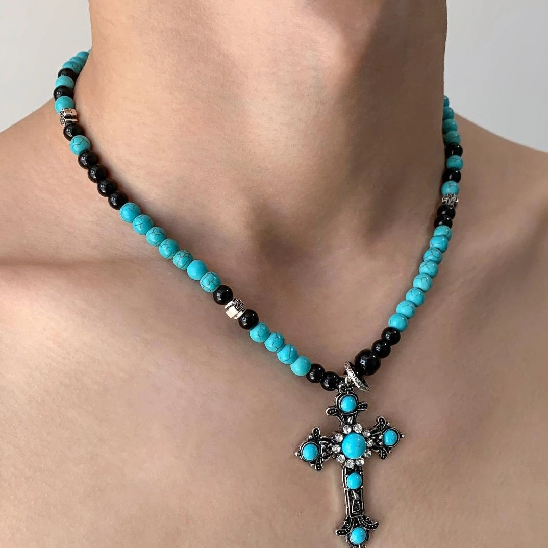 Accessories Antique Cross Green Stone Geometric Beaded Necklace