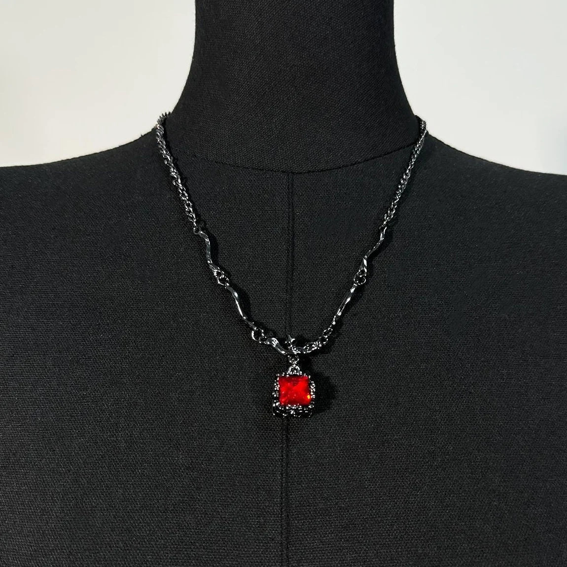 Accessories Asymmetrical Black Red Zirconia Pendant Necklace