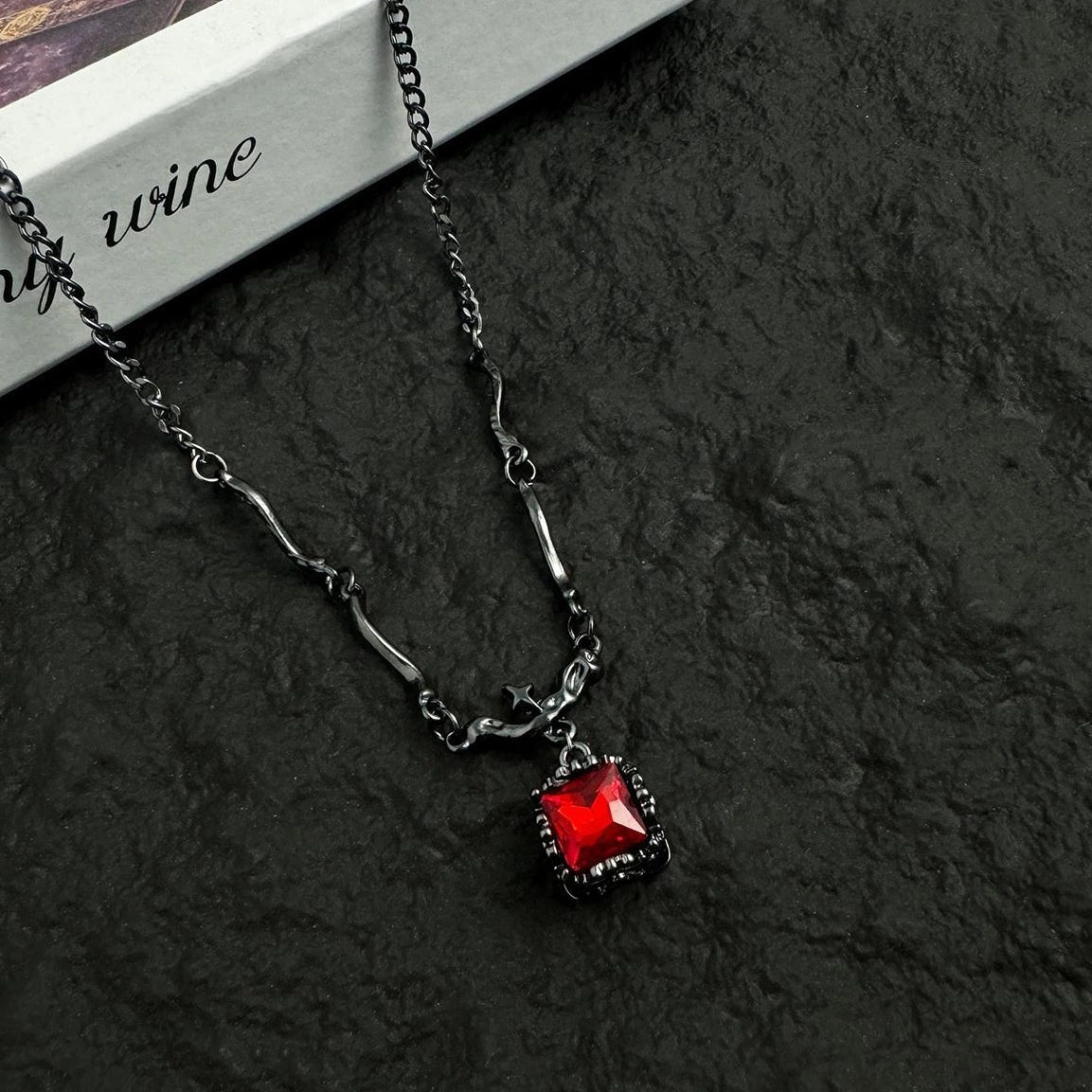 Accessories Asymmetrical Black Red Zirconia Pendant Necklace