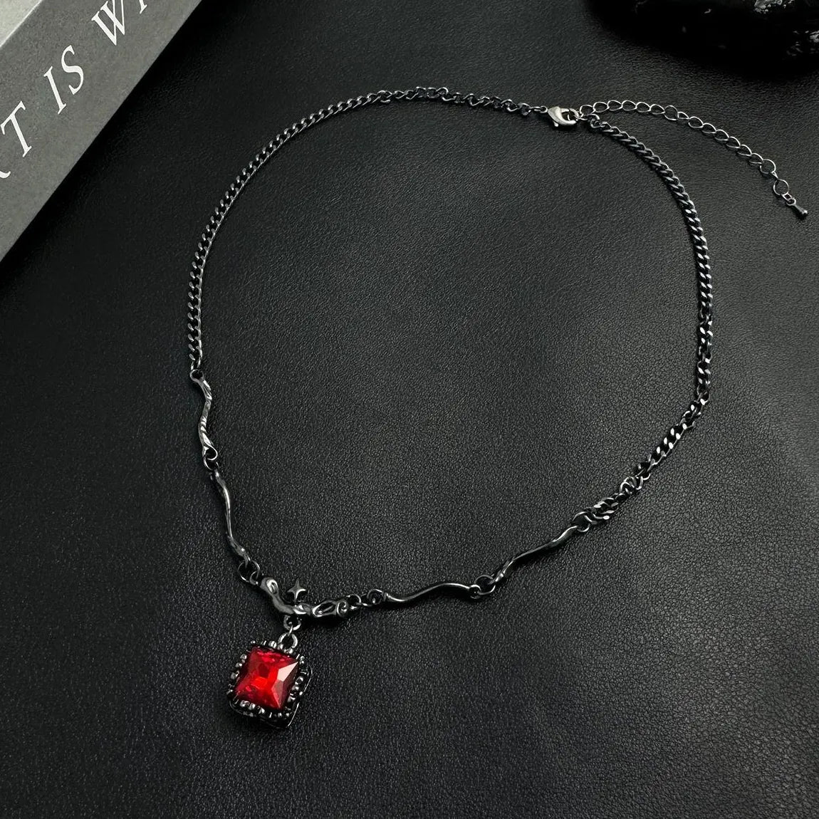 Accessories Asymmetrical Black Red Zirconia Pendant Necklace