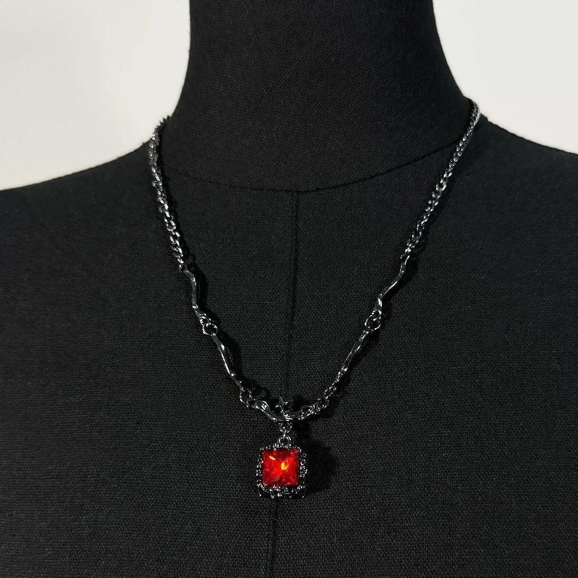 Accessories Asymmetrical Black Red Zirconia Pendant Necklace