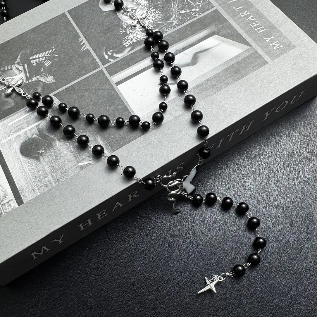Accessories Black Beaded Cross Butterfly Pendant Choker