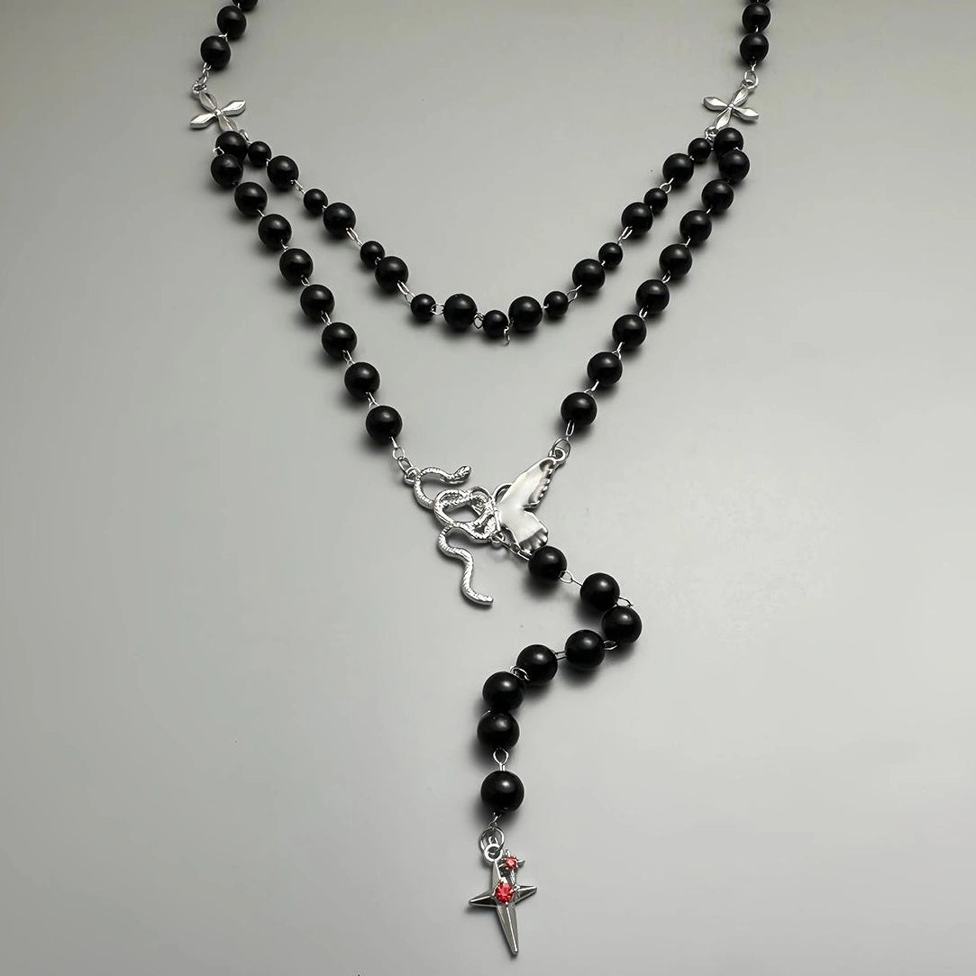 Accessories Black Beaded Cross Butterfly Pendant Choker
