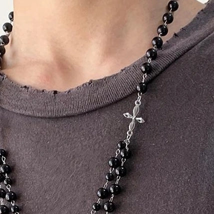 Accessories Black Beaded Cross Butterfly Pendant Choker