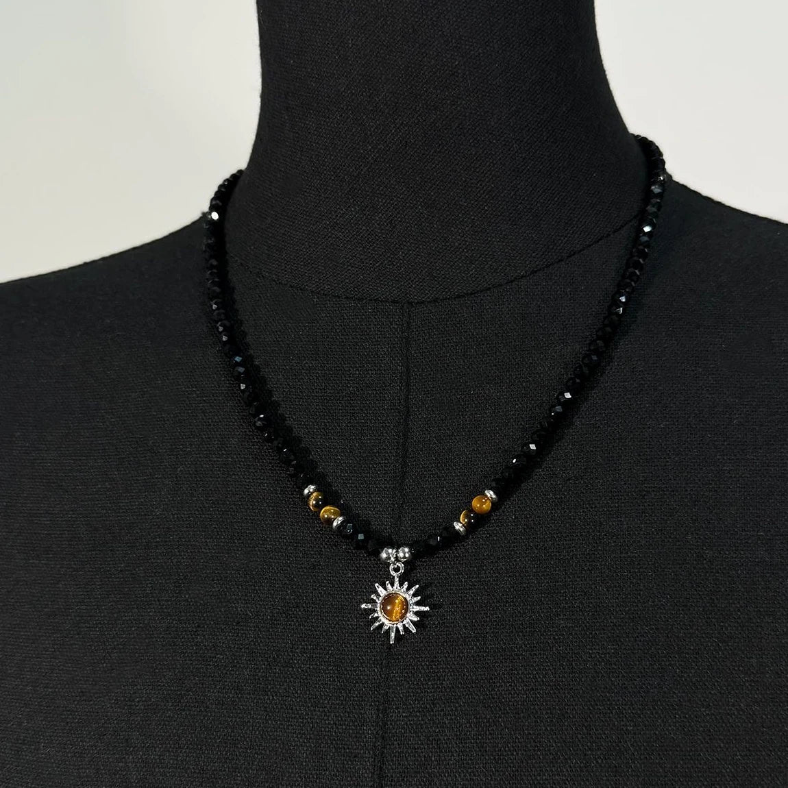 Accessories Black Crystal Inlaid Tiger Eye Necklace V-neck T-shirt Long Sleeve
