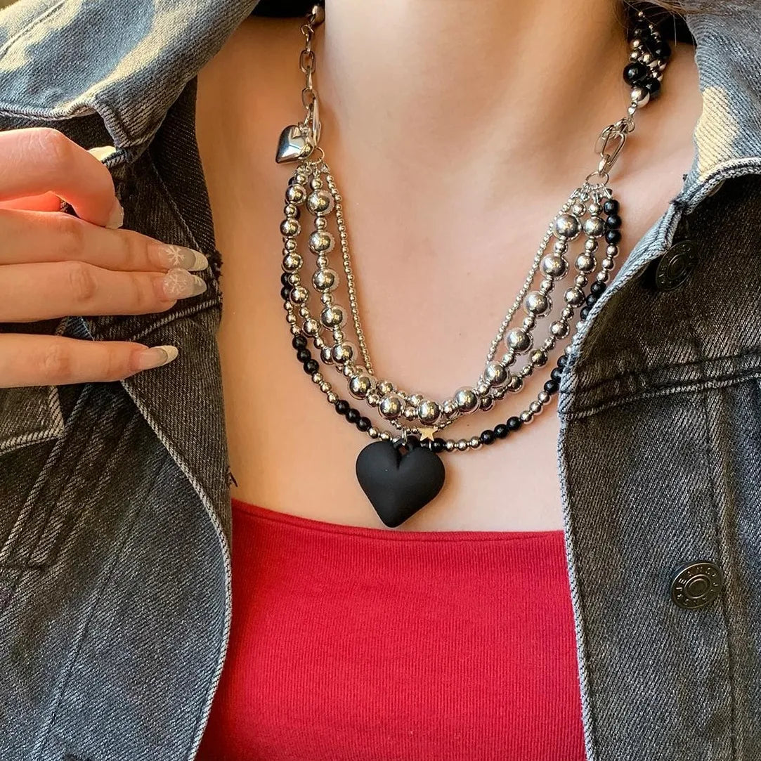 Accessories Black Heart Layered Beaded Choker Necklace
