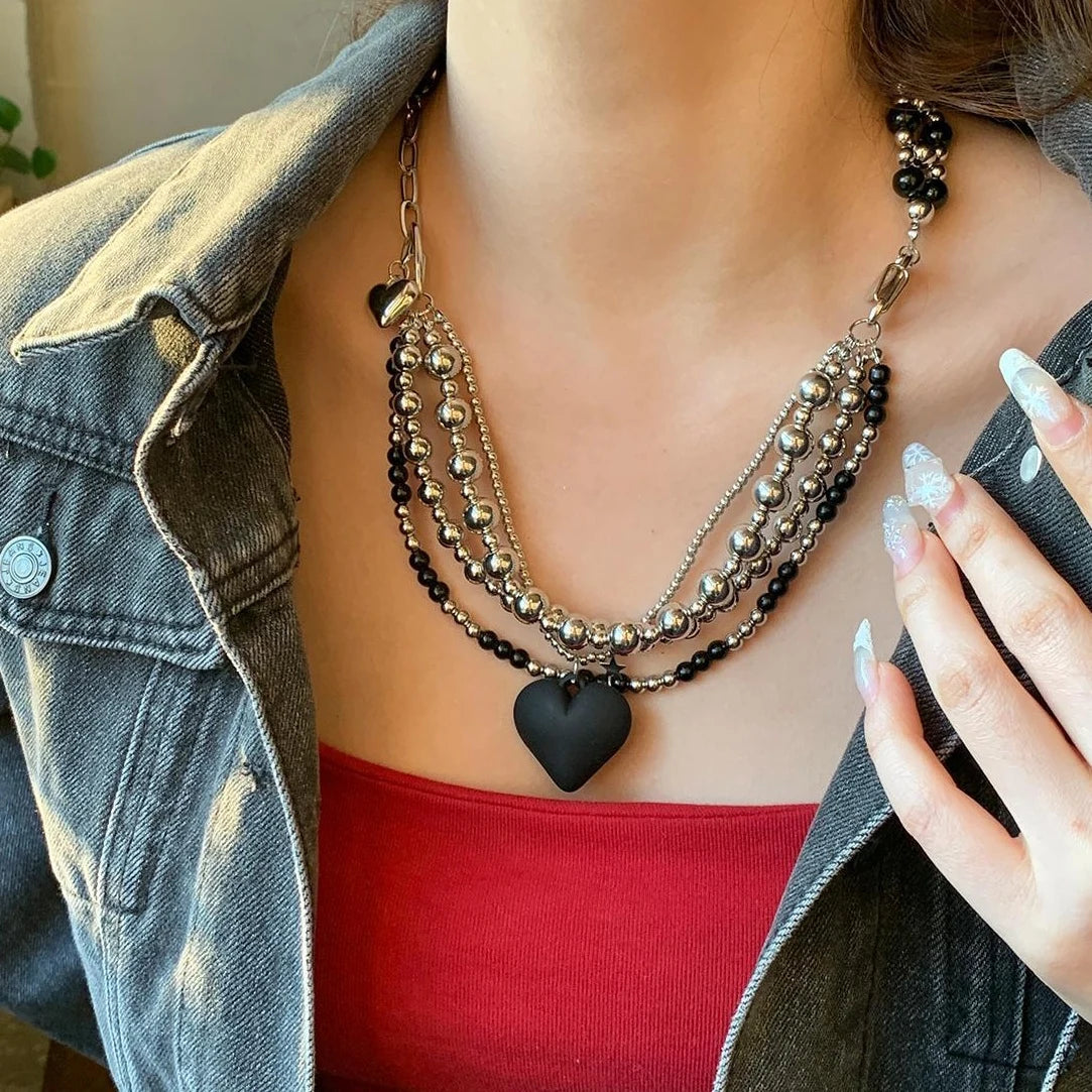 Accessories Black Heart Layered Beaded Choker Necklace