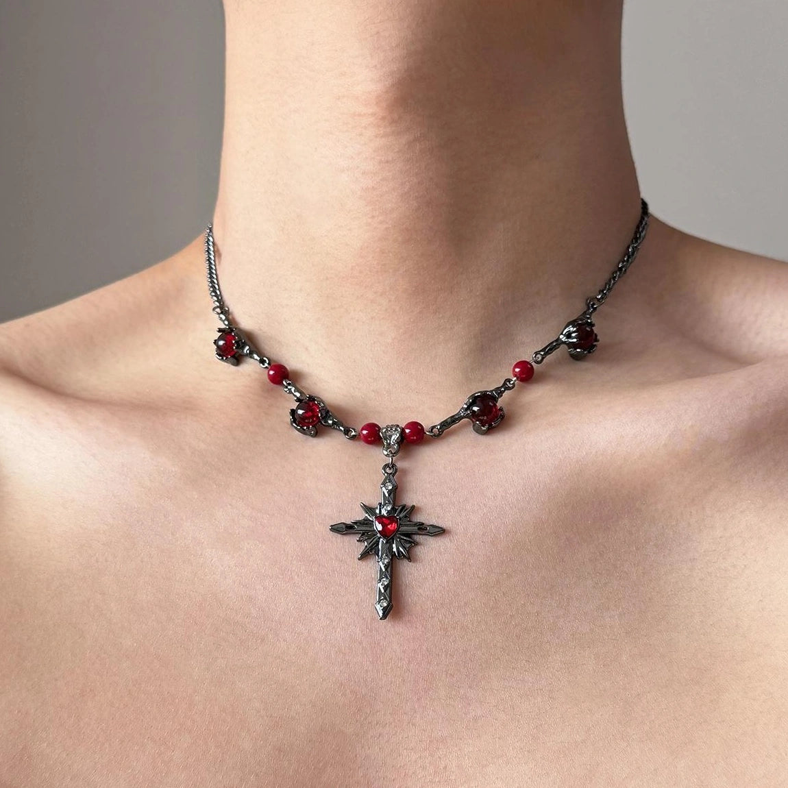 Accessories Black Red Cross Star Pendant Choker