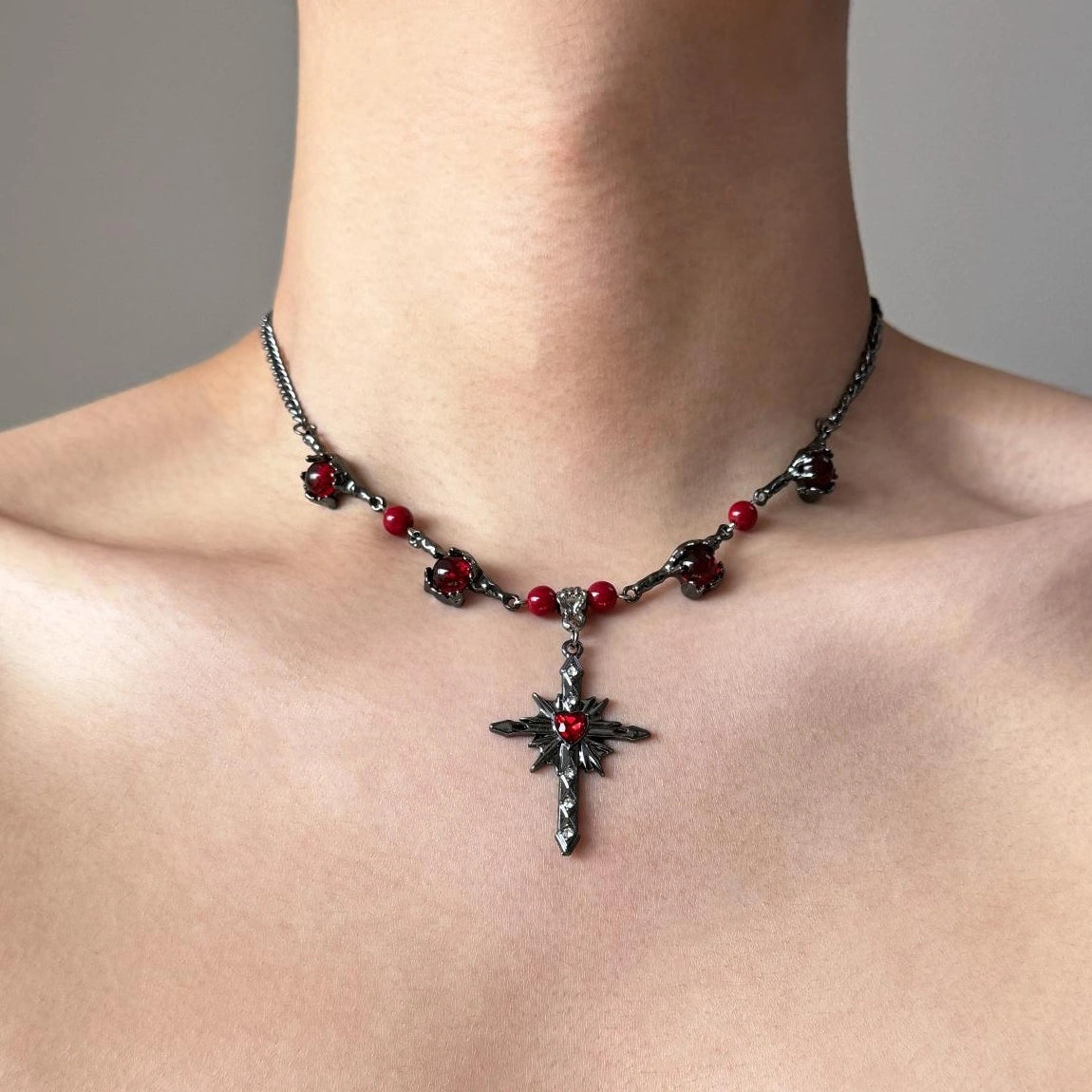 Accessories Black Red Cross Star Pendant Choker